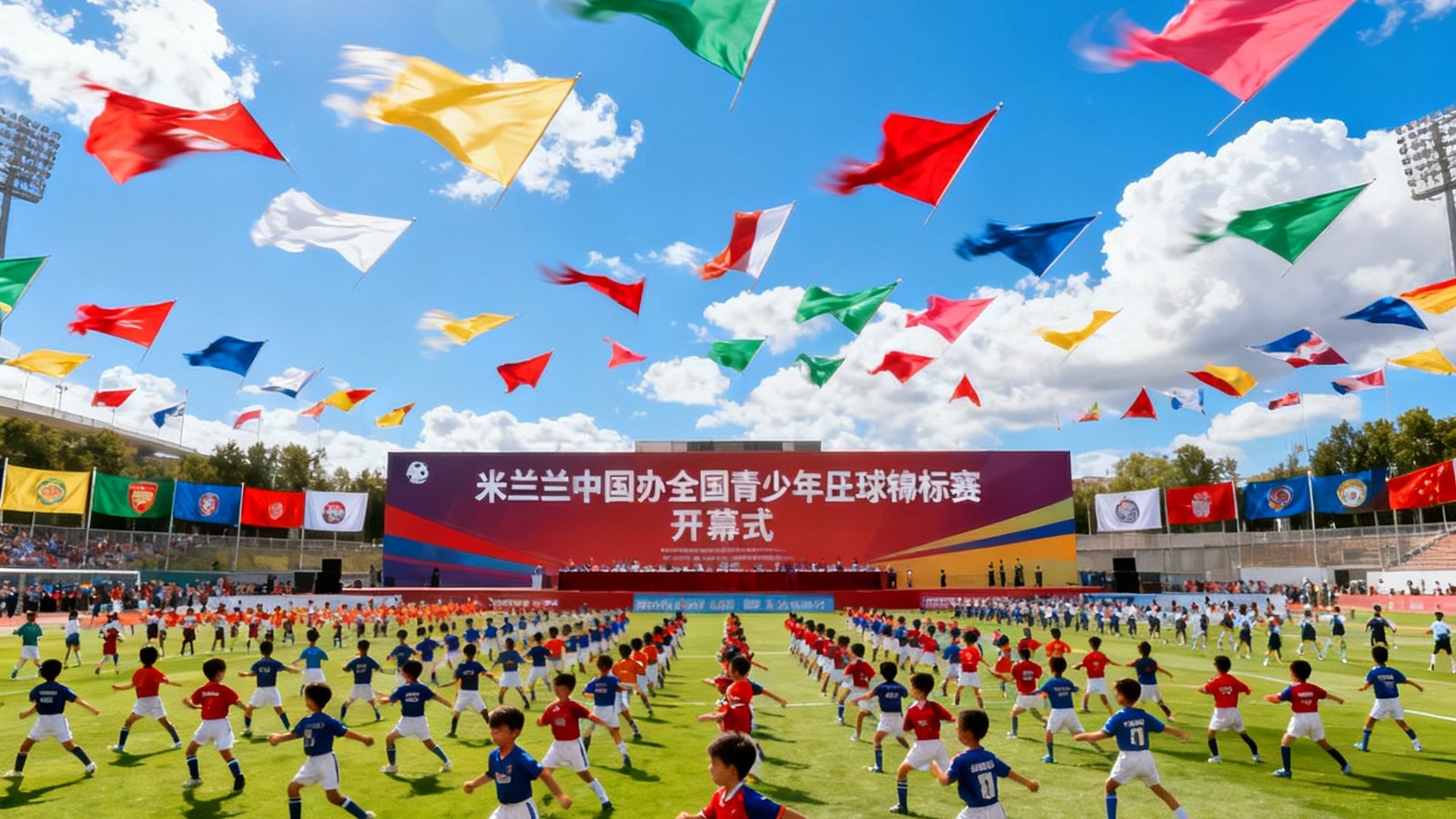 米兰中国主办的全国青少年橄榄球锦标赛开幕式上，数百名小运动员在绿茵场上进行团体操表演，蓝天白云下彩色队旗迎风飘扬的壮观场面。