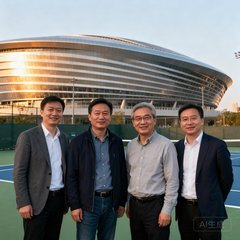武汉光谷网球中心总经理李明辉在网球场合影，身穿休闲商务装，身后是现代化的网球中心场馆外景。